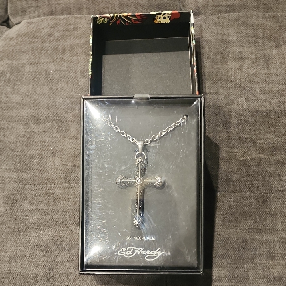 Ed Hardy Silver Cross Pendant Necklace